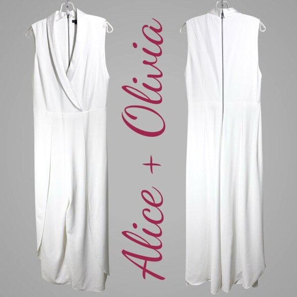 NWT ALICE + OLIVIA Bebe White Shawl Collar Split Leg Sleeveless Jumpsuit Size 12 - Picture 13 of 14
